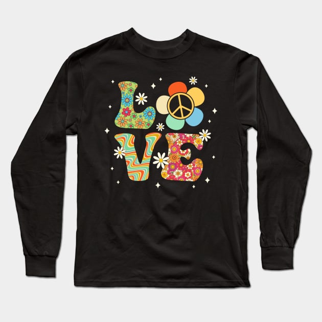 Love Peace Sign 60's 70's Costume Party Outfit Groovy Hippie Long Sleeve T-Shirt by James Green